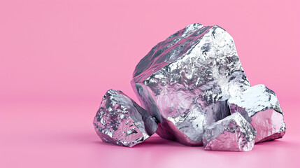 Macro photography, close-up shot, raw, uncut, unrefined silver ore rocks, isolated against modern pink background. Bright, studio lighting, bokeh, mining, mined