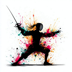 fencing- silhouette of athlete, watercolor, splash colorful paint on white background - 782994551