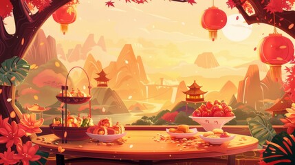 Text: Chinese new year's dinner illustration with nature landscape background. Happy reunion dishes available now. Ambrosia.