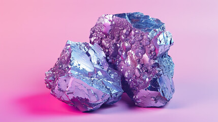 Macro photography, close-up shot, raw, uncut, unrefined silver ore rocks, isolated against modern pink background. Bright, studio lighting, bokeh, mining, mined