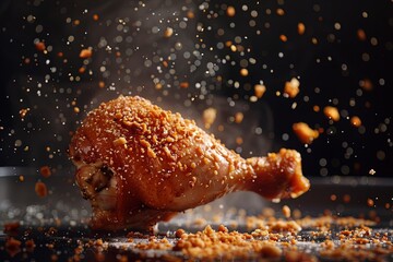 A fried chicken leg with crumbs floating around it - obrazy, fototapety, plakaty