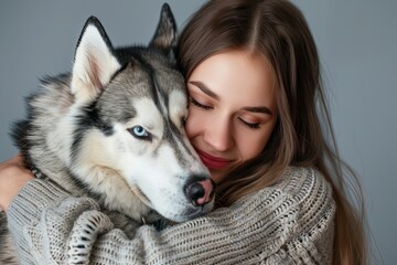 A woman embraces a Siberian Husky with striking blue eyes