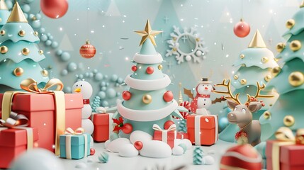 Composition of a Christmas tree shape paper tag surrounded by gifts, snowman, reindeer, sleigh and more gift boxes. - obrazy, fototapety, plakaty