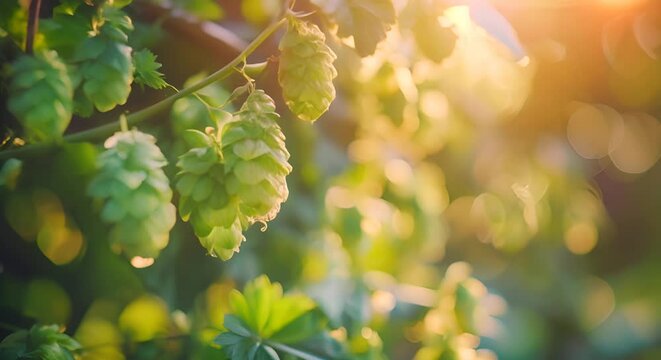 Hops growing on a bine in a field