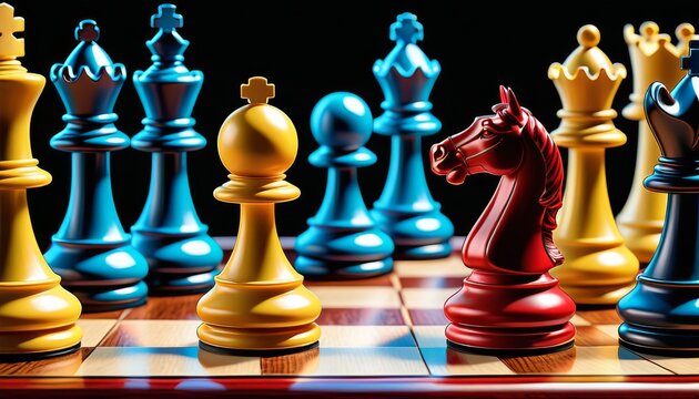Animated chess pieces in red and blue face off in a tense moment, encapsulating the excitement of a chess game's turning point.. AI Generation