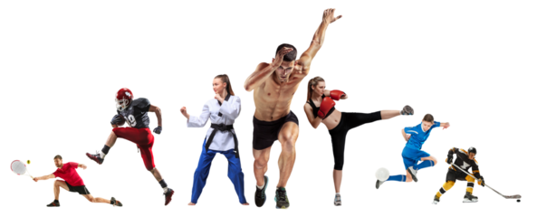 Collage of men and women, Boxing, soccer, American football, ice hockey, jogging, taekwondo, tennis athletes isolated on transparent background. Concept of sport, competition, active lifestyle