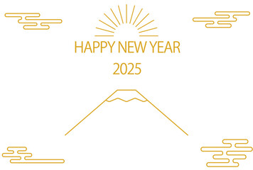 2025年の和風年賀状、富士山と初日の出のシンプルな線画