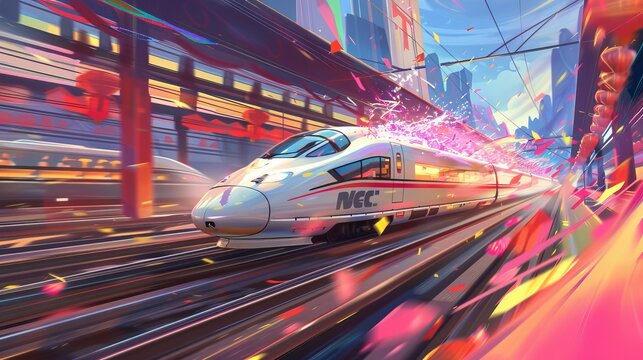 Chinese new year holiday rush illustrated with a high-speed train. Text:Buy tickets now for Chinese new year holiday travel.