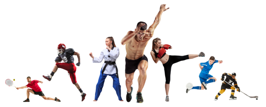 Collage of men and women, Boxing, soccer, American football, ice hockey, jogging, taekwondo, tennis athletes isolated on transparent background. Concept of sport, competition, active lifestyle - Powered by Adobe