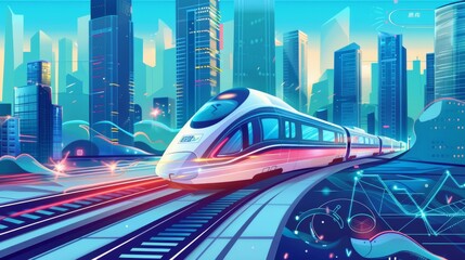 Train passing through a large city landscape with high speed. Text: Get Chinese new year vacation tickets. Family reunited for new year. - obrazy, fototapety, plakaty