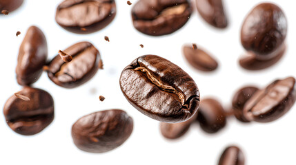Falling coffee beans isolated on white background