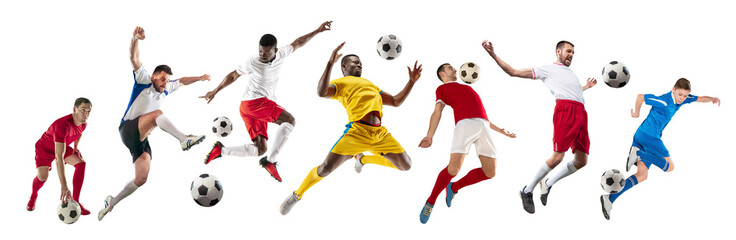 Collage. Dynamic image of male athletes, football players in motion with ball isolated on transparent background. Concept of professional sport, competition, tournament, active lifestyle - obrazy, fototapety, plakaty