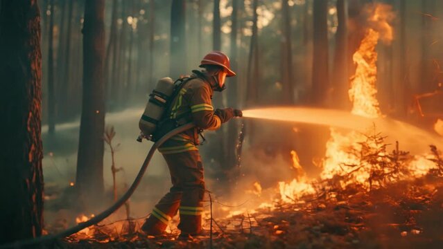 Intense footage of an experienced firefighter actively extinguishing a fierce wildland fire deep within a dense forest, showcasing courage and precision under pressure in Safety Uniform