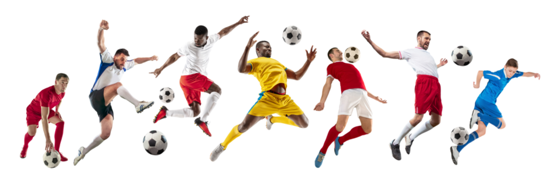 Collage. Dynamic image of male athletes, football players in motion with ball isolated on transparent background. Concept of professional sport, competition, tournament, active lifestyle - Powered by Adobe