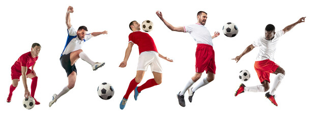 Collage. Young male athletes, football, soccer players in motion with ball isolated on transparent background. Concept of professional sport, competition, tournament, active lifestyle - obrazy, fototapety, plakaty
