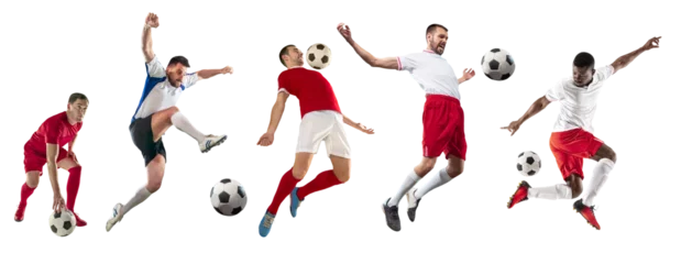 Poster Collage. Young male athletes, football, soccer players in motion with ball isolated on transparent background. Concept of professional sport, competition, tournament, active lifestyle © master1305
