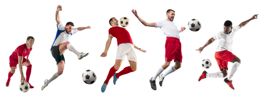 Collage. Young male athletes, football, soccer players in motion with ball isolated on transparent background. Concept of professional sport, competition, tournament, active lifestyle