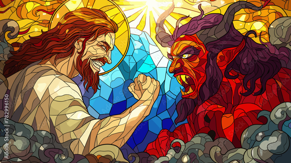 Wall mural colorful stained glass illustration of jesus christ vs satan lucifer the devil