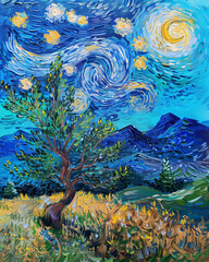 Fototapeta na wymiar Oil night landscape in Van Gogh style, night panorama, night field, rural landscape, field acrylic painting