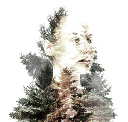 Double exposure of beautiful woman and fir trees