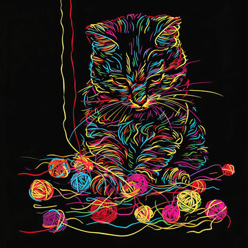 Colorful cat art with tangled yarn in a playful mess on a dark background