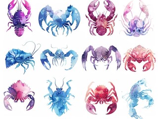 A collection of 10 watercolor style illustrations, each showcasing a different aspect of the cancer zodiac sign, with spooky and ethereal elements, 