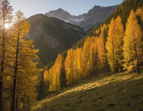 The image features a mountainous area with a forest of golden yellow trees in the foreground. The sun is shining through the trees, casting light on the scene. 