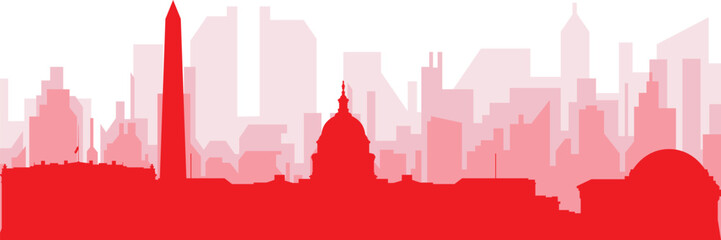 Fototapeta premium Red panoramic city skyline poster with reddish misty transparent background buildings of WASHINGTON, UNITED STATES