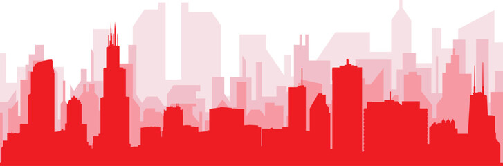 Red panoramic city skyline poster with reddish misty transparent background buildings of CHICAGO, UNITED STATES
