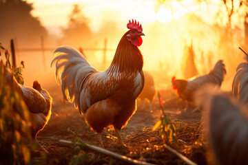 A beautiful red rooster close-up with a flock of chickens stands against the background of a rural landscape, poultry yard, portrait, morning, dawn. - obrazy, fototapety, plakaty