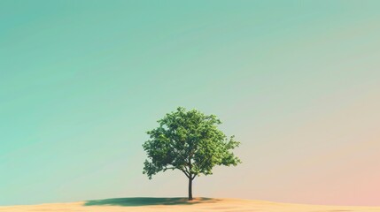 Tree stands alone, vibrant green, with Earth Day themed gradient background. A green tree is the centerpiece for Earth Day, with a sky to ground color fade.