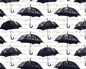 Fototapeta na wymiar Umbrellas patterned across a white background in a minimalistic style, interspersed with elegant script detailing their design and use, clear sharp, 