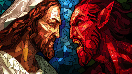 Colorful stained glass illustration of Jesus Christ  vs Satan lucifer the devil