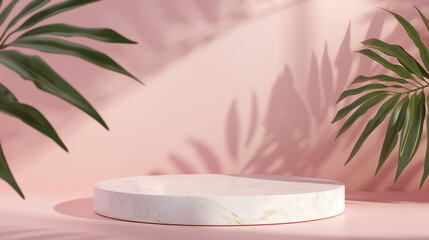 Elegant white marble podium on a pink background with tropical plant shadows and soft lighting for product display. Copy space for product presentation. Generative AI