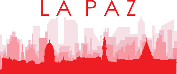 Red panoramic city skyline poster with reddish misty transparent background buildings of LA PAZ, BOLIVIA - obrazy, fototapety, plakaty
