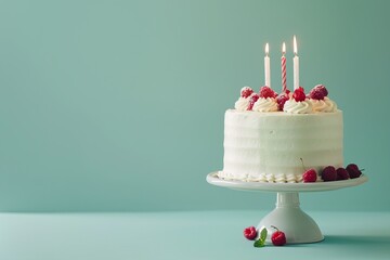 Birthday cake with raspberries and candles on a cake stand banner