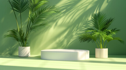 Empty round pedestal surrounded by lush green tropical leaves on a deep green background. Copy space for product presentation. Generative AI