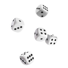 Five dice in air on white background