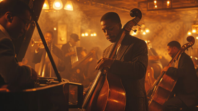 Jazz band playing live with double bass in a vintage 1920s speakeasy