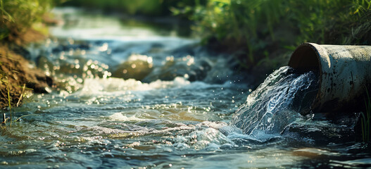 Water flowing from a pipe into a sunlit river amidst greenery