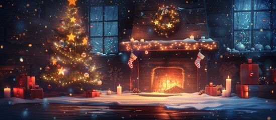Warm fireplace adorned with festive lights, surrounded by gifts and holiday cheer