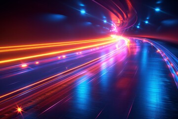 Fototapeta premium Neon colors and light trails give an impression of high-speed movement on a futuristic highway winding through darkness