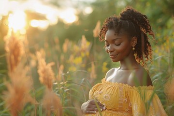 A radiant pregnant African American woman in a yellow dress holding her belly in a field at dusk - obrazy, fototapety, plakaty