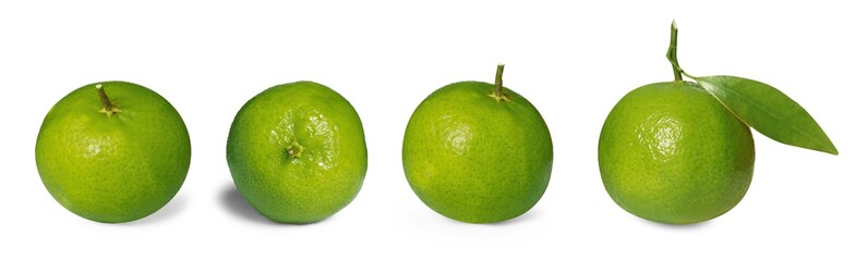 Fresh ripe tangerines with green peel isolated on white, set
