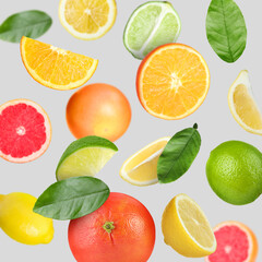 Many different fresh citrus fruits in air on light grey background