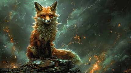 Fox Perched Upon Ancient Stone Ruins, Silent Guardian of Forgotten Realms - obrazy, fototapety, plakaty
