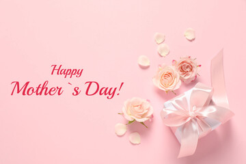 Happy Mother's Day greeting card. Beautiful rose flowers and gift box on pink background
