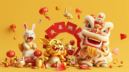 Isolated yellow background with 3D illustration of rabbits doing lion dance and red envelopes.