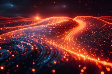 Rolling hills of digital mesh network illuminated with a fiery red and orange glow, symbolizing data flow