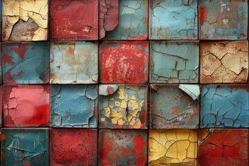 Old, weathered square tiles with peeling multicolored paint creating a visually rich texture